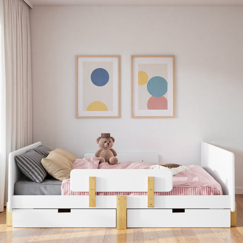 Lit plateforme avec tiroirs de rangement, garde-corps, petite tablette et crochets, Blanc clair, Lit double