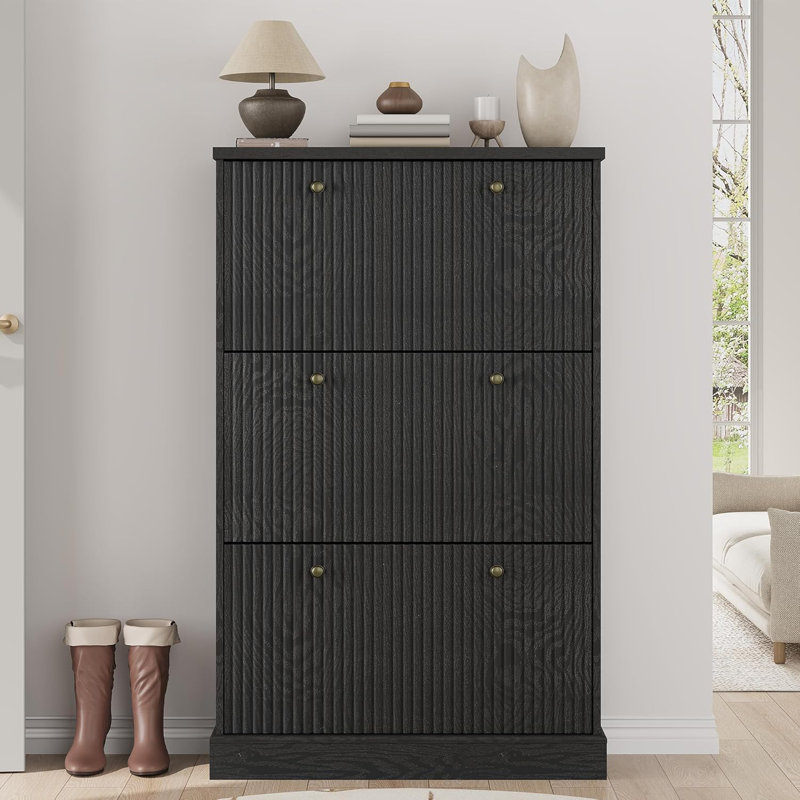Shoe Cabinet with 3 Flip Drawers, Large Fluted Storage Cabinet with Adjustable and Removable Shelves, Modern Freestanding Narrow Shoe Organizer for Entryway, Hallway