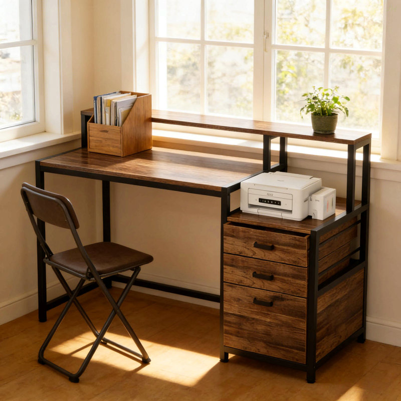 Office Desk,Spacious Computer Desk,Writing Desk With Elevated Monitor Stand, Black, Rustic Brown