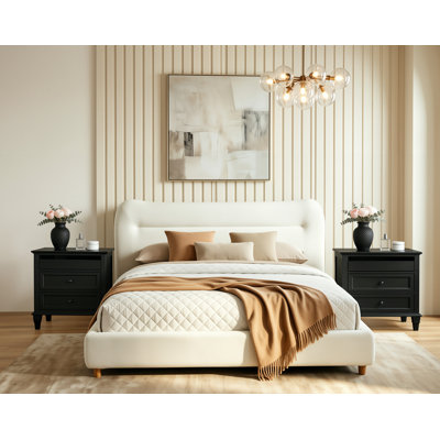 Ensemble de chambre à coucher de 3 pièces avec très grand lit, 1 lit élégant en peluche et 2 tables de chevet style ferme avec 3 tiroirs, ports USB et Type-C