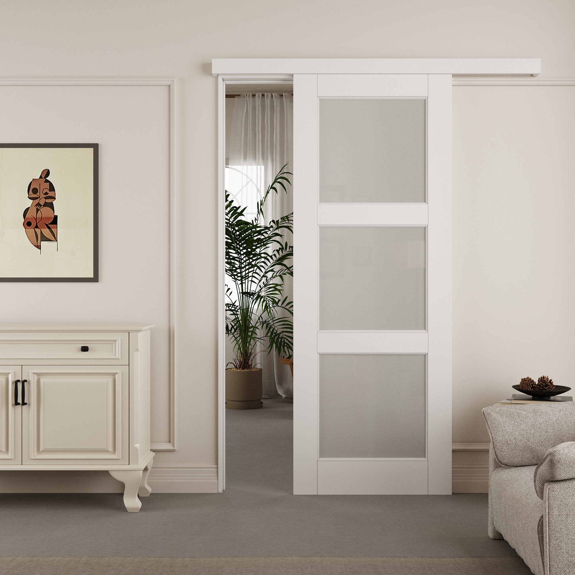 Win Stellar Hidden Style Track White Primed 3-Lite Frosted Glass