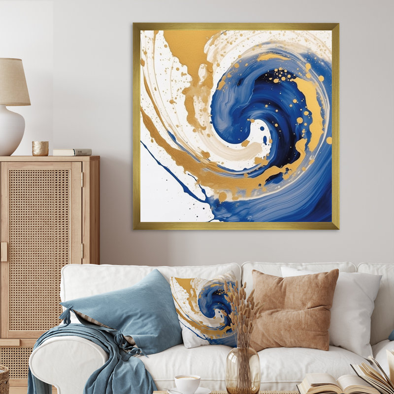 Bleu foncé et spirale dorée III - impression, Cadre doré à une seule photo, H 30 po x l 30 po x P 1 po