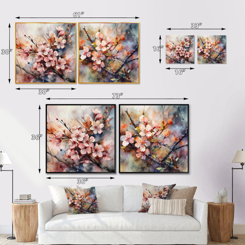 Rose, gris, pommier, Melody, Cadre flottant noir, H 16 po x l 33 po