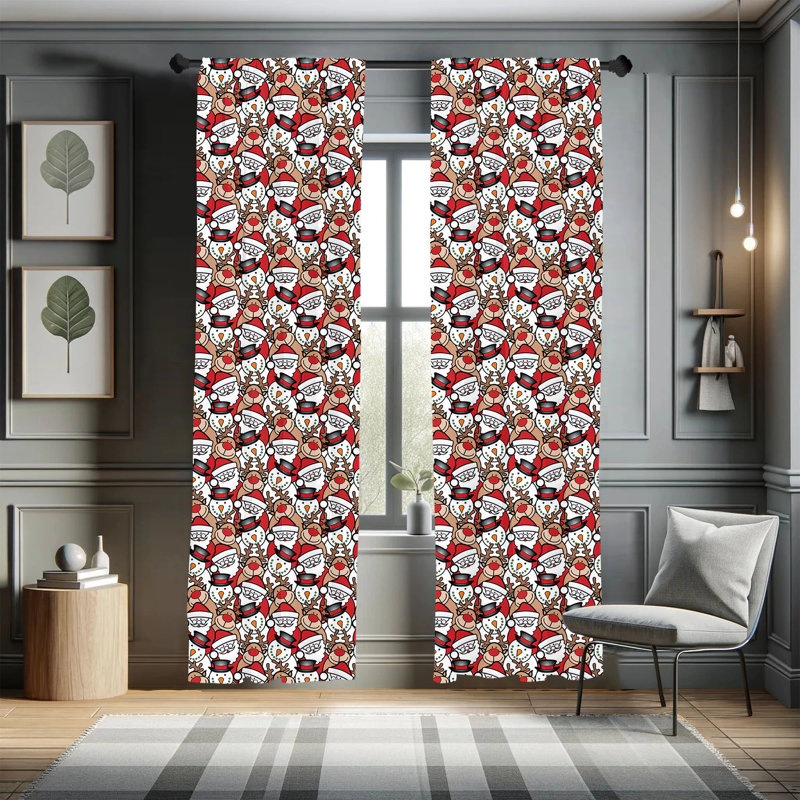 Snowman Reindeer Santa Claus Semi-Sheer Rod Pocket Curtain Panels, 28" x 84"