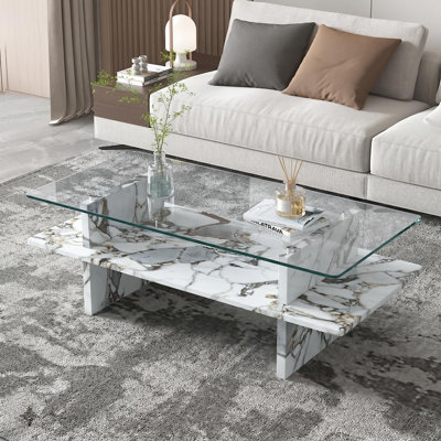 Two-Tier Glass Coffee Table, Rectangle Tempered Glass Top with Wood Base, Modern Accent Center Table for Living Room or Study (Rock White)