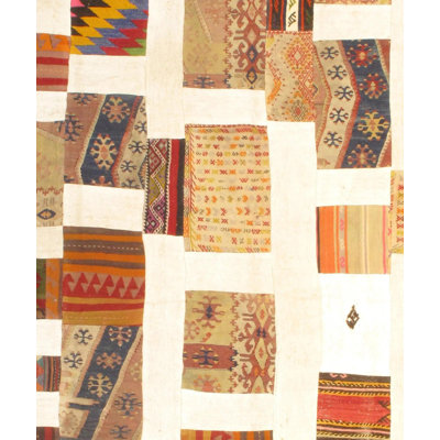 Tapis beige / ivoire en coton / laine 8 pi x 10 pi Patchwork