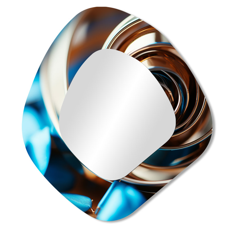 Ayaan or et bleu spirale abstraite tranquillité - grand miroir asymétrique spirales abstraites, décor de miroir mural unique de forme irrégulière moderne, impression d'art en métal