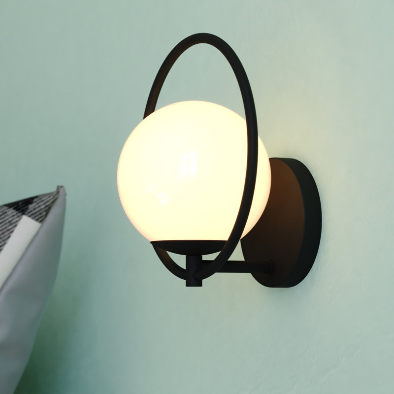 Chabon 1 Light Mid-Century Modern Wall Sconce White Globe Glass, Matte Black