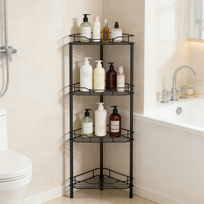 4 Tier Floor Standing Corner Shower Caddy Organizer Shelf With Hooks, 43.3" H x 9.44" W x 14.17" D, Black