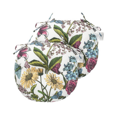 Ensemble de 2 coussins ronds capitonnés avec attaches, 38 x 38 x 10 cm, résistants à l'eau, motif papillon et fleur.