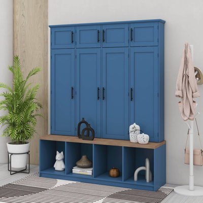 Farmhouse Hall Tree With 4 Hanging Hooks,Mudroom Wood Grain Bench With Open Compartments