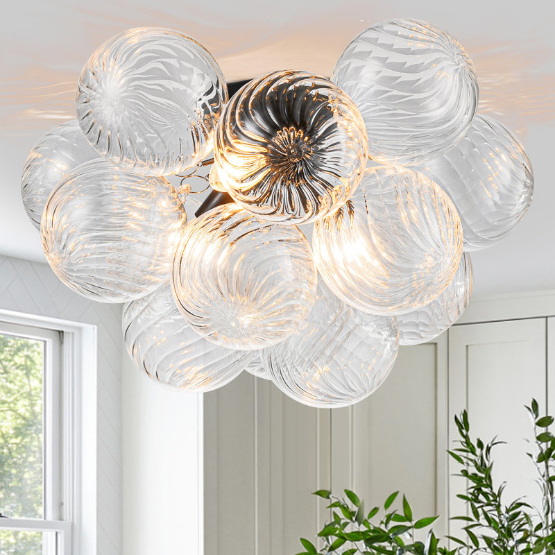 Plafonnier semi-encastré 3 lumières à intensité variable avec boule en verre tourbillon Ahona, Noir, noir, noir, noir