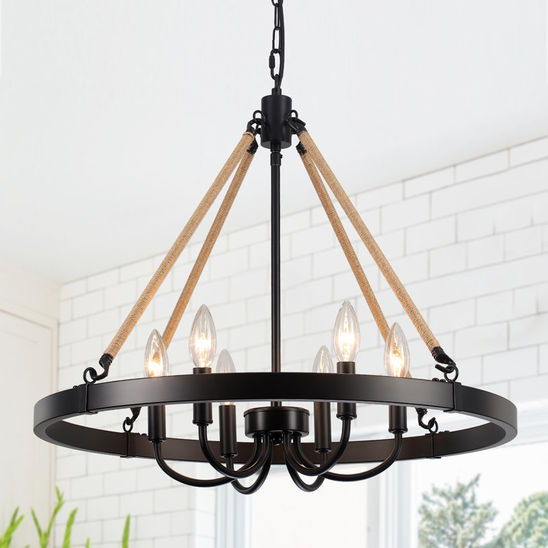 6 - Light 24-Inch Vintage Farmhouse Dimmable Candle Style Wagon Wheel Chandelier for Kitchen Island Living Room Foyer Entryway