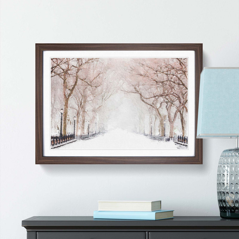 Wintertime in Central Park New York City - Picture Frame Painting Print on MDF, 27cm H x 36cm W x 2cm D, Walnut Framed