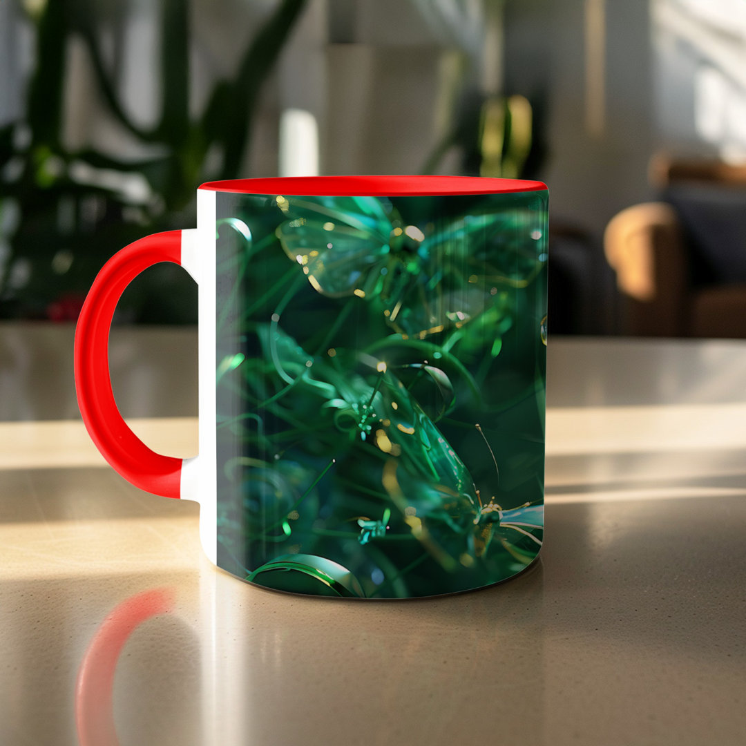 Set of 2 Butterfly Design 11oz Accent Mugs – White Ceramic Coffee Cup with a Red Handle and Interior
