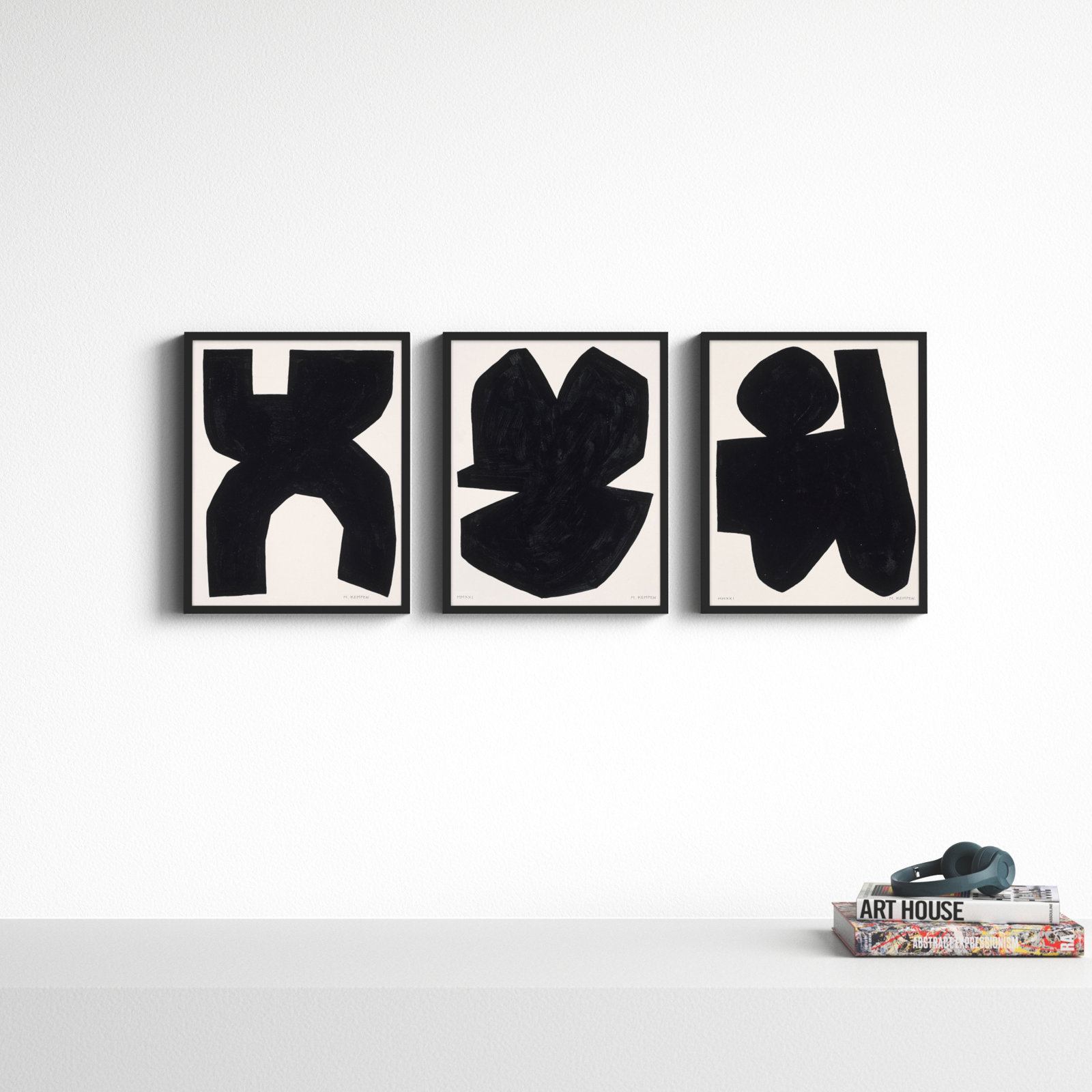 Shauna "Module on White" 3-Piece Painting Set, 20" H x 16" W x 1.25" D, Black