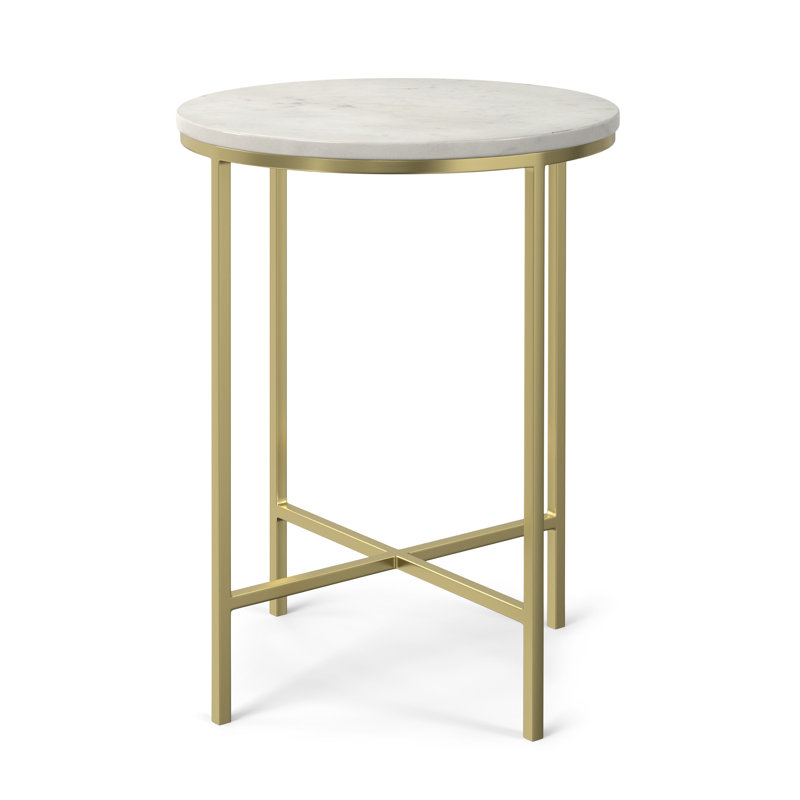 Gold Metal and White Marble Round Side Table, 16 inch