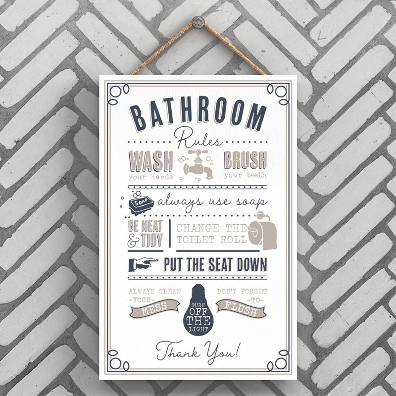 Bathroom Rules - Typography on Wooden Plaque