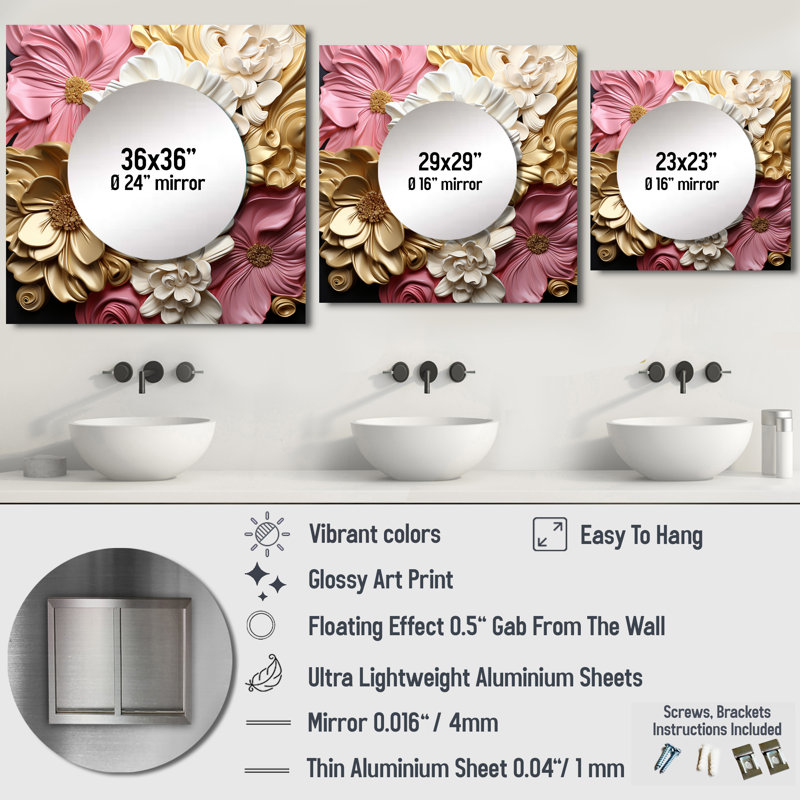 Liquide fleur liquide délicat et rose clair II - formes abstraites miroir carré pour décoration murale, 29 po x 29 po