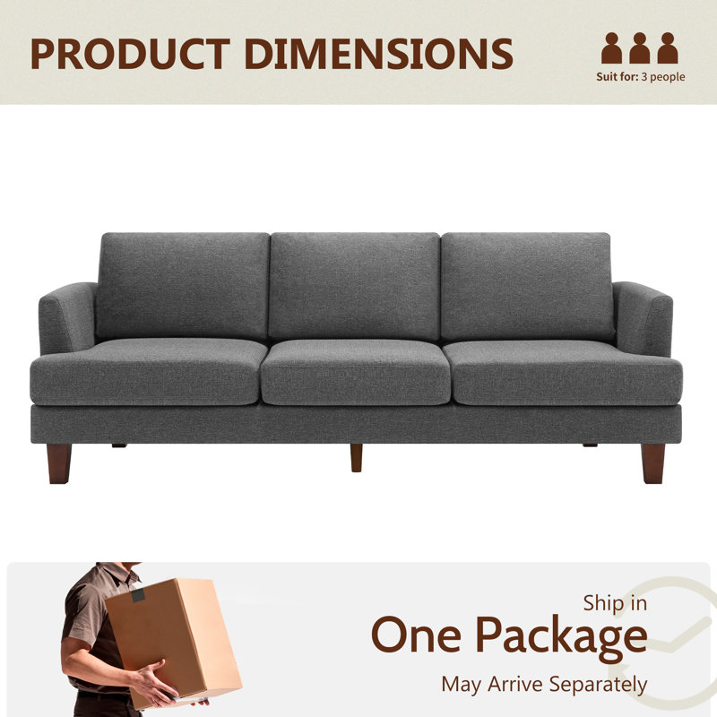 3 Seater Sofa 89" Upholstered Sofa Couch with Square Arm for Living Room, Dark Gray