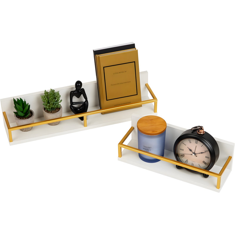 Floating Shelves Set Of 2, Wall-Mounted Display Storage With Metal Rail, Modern Office Organizers For Home And Office