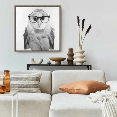 Barn Owl with Glasses | White Framed Canvas Home Decor