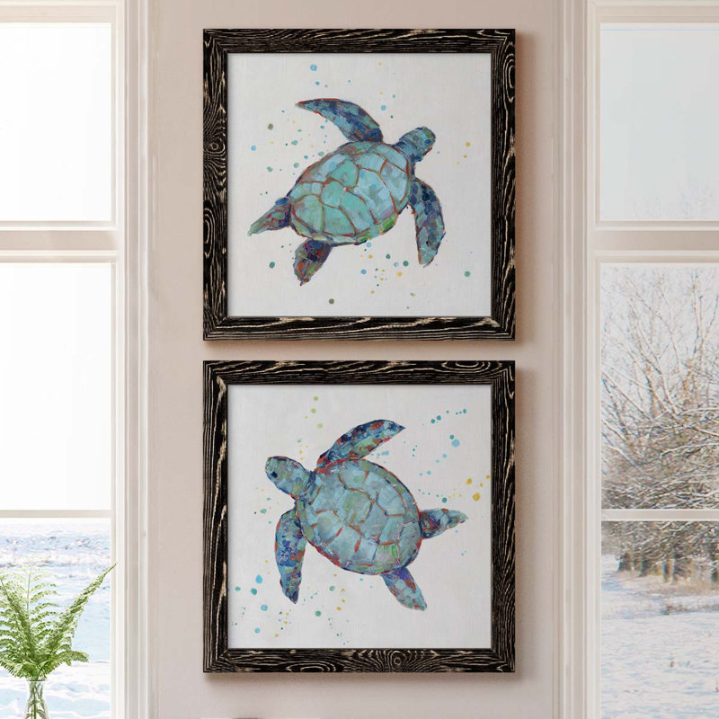 Bubble Blue Turtle I - ensemble de 2 peintures sur toile encadrées, H 17 po x l 34 po x P 1,5 po, Cadre noir