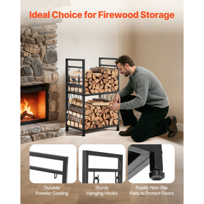 Support pour bois de chauffage intérieur, support à bois de chauffage à 2 niveaux de 1,3 pi avec outils de foyer, brosse, pelle, tisonnier, pinces, support à bûches robuste, capacité de poids de 400 lb, empileur de rangement pour pile de bois pour foyer