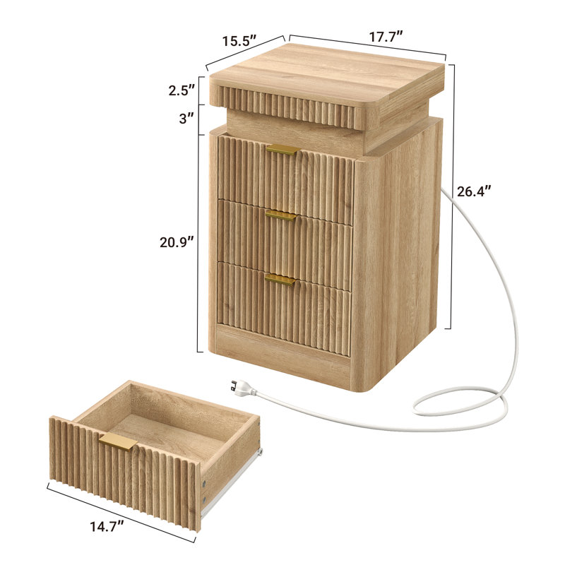 Fluted Night Stand With Charging Station & LED Light, 3-Drawer Bedside Table For Bedroom & Living Room, Modern Sofa Side Table With Sliding Top & Outlets/USB