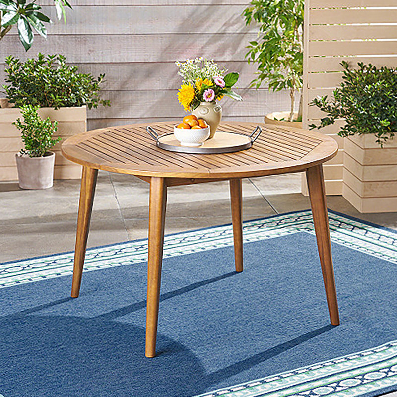 Table de salle à manger ronde 47,25 po en bois d'acacia avec finition en teck, table de patio moderne à lattes pour l'intérieur et l'extérieur