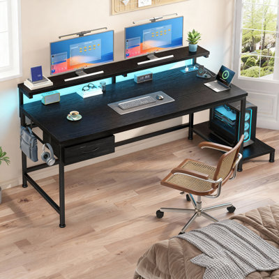 Small Home Office Computer Desk With Power Outlet And CPU Stand, Gaming Desk With Monitor Stand & LED Lights