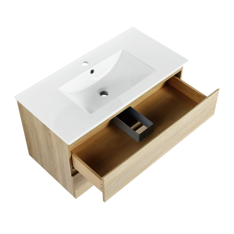 Meuble-lavabo mural 36 po avec lavabo en céramique 36 po, 2 tiroirs à fermeture en douceur, ensemble KD, Chêne clair
