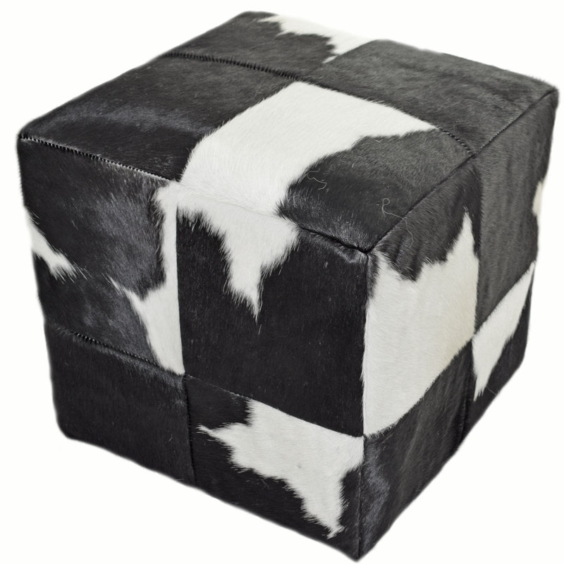 Rutha Leather Ottoman, Black and White Cloudy Genuine Leather