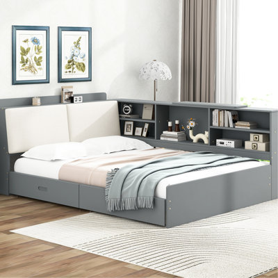 Lit double gris en bois avec tête de lit avec rangement, 2 tiroirs, pin et confort