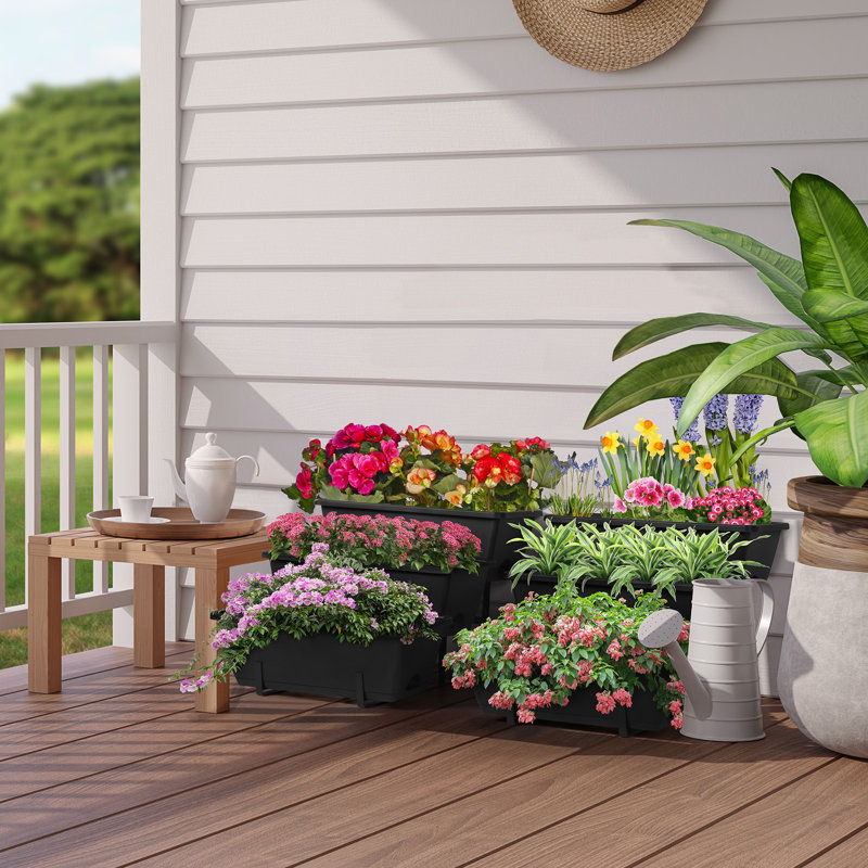 Ensemble de 3 boîtes à fleurs à 3 niveaux en métal et en plastique noir pour jardin intérieur, patio, balcon avec trous de bonde