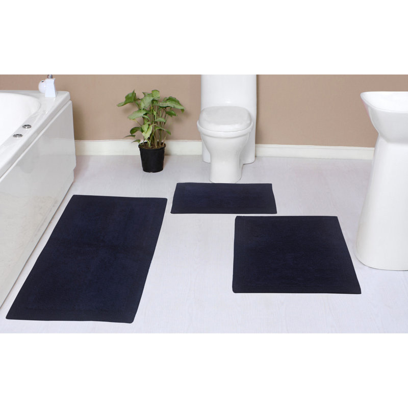 Bruss Luxury 100% Cotton Reversible Bath Rug (Set of 3), Navy