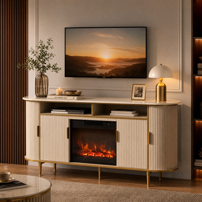 Curved Fluted Electric Fireplace TV Stand for 70" TVs, Faux Marble Media Console with 3D Flame, Robot Vacuum Friendly Entertainment Center