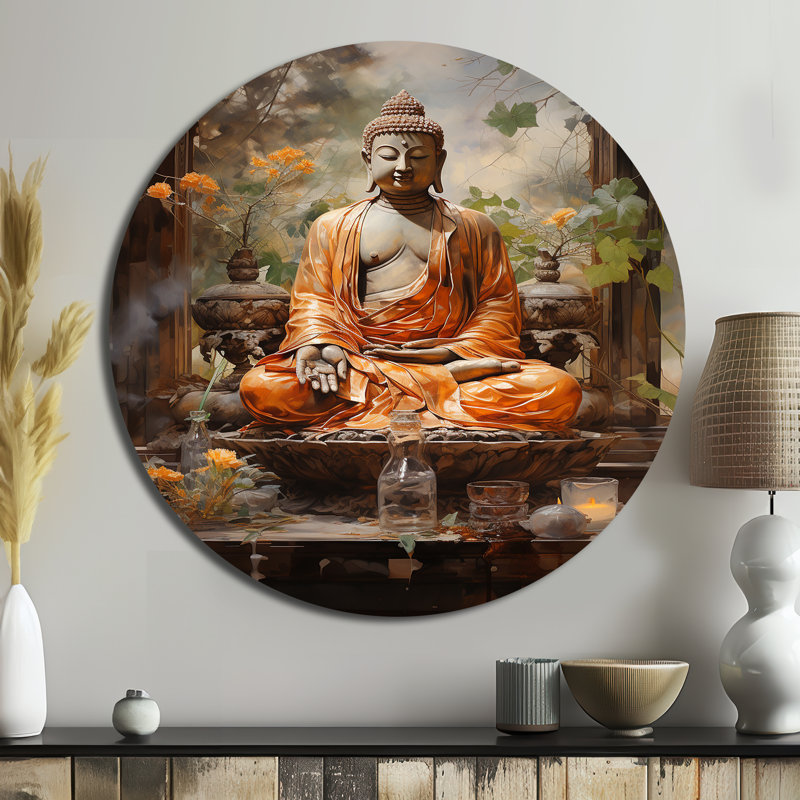 Art bouddhiste orange gris, art bouddhas rond et spirituel, H 36 po x l 36 po