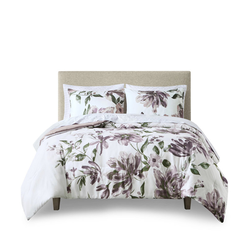 Édredon moderne avec taie décorative mauve à motif floral et taupe, Twin Comforter + 5 Additional Pieces