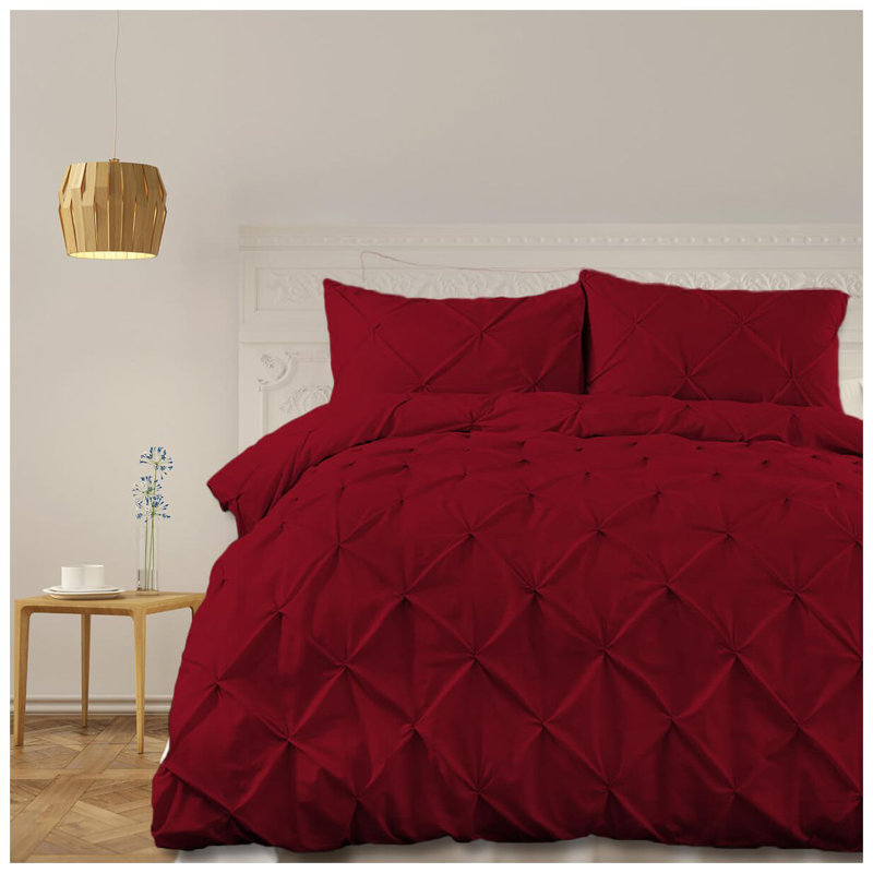 400TC Cotton Pintuck Sateen Solid Duvet Cover Set, King Duvet Cover + 2 Shams, Burgundy