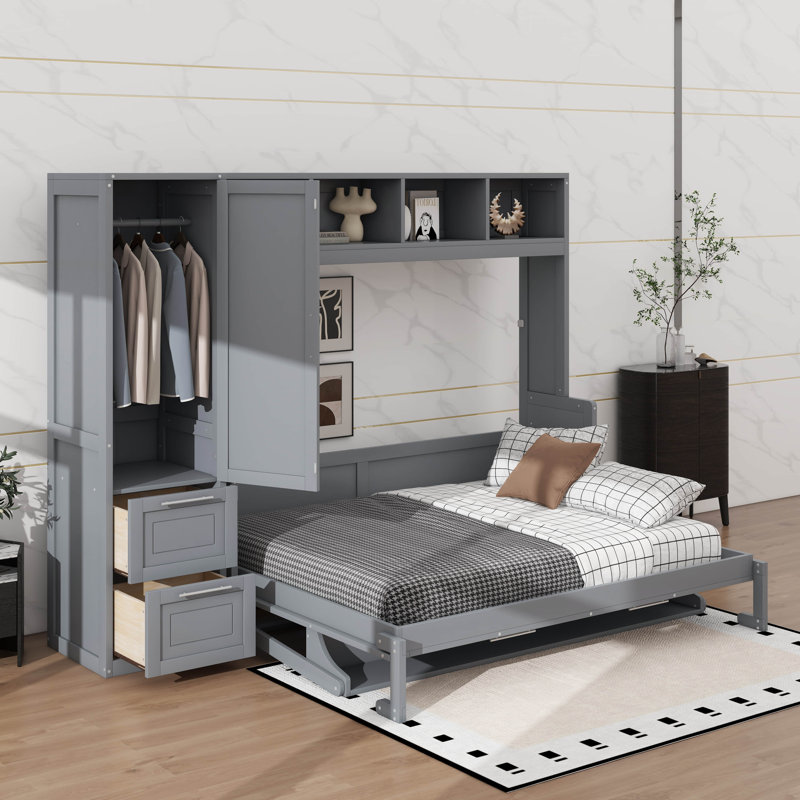 Grand lit escamotable avec placard et tiroirs, Gris