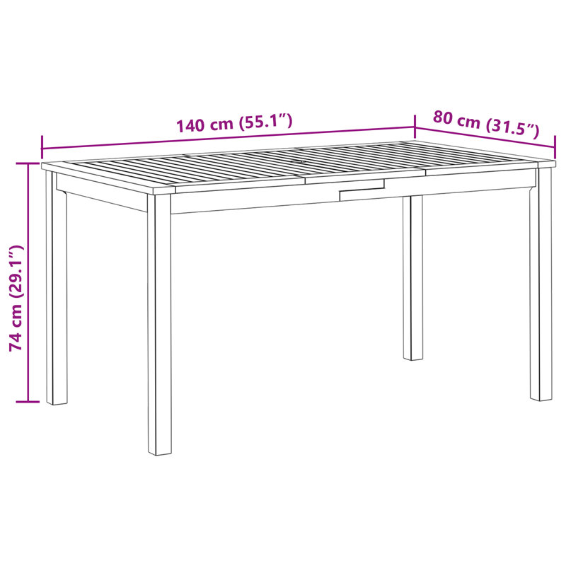 Outdoor Dining Table with Umbrella Hole Solid Acacia Wood, 31.5" W x 55.12" L x 29.13" H, Brown
