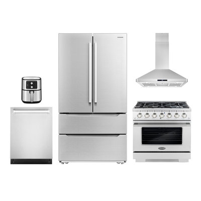 5 Piece Kitchen Package with 36"" Freestanding Gas Range  36"" Island Range Hood 24"" Built-in Fully Integrated Dishwasher,  French Door Refrigerator & 5 -  Cosmo, COS-5PKG-851