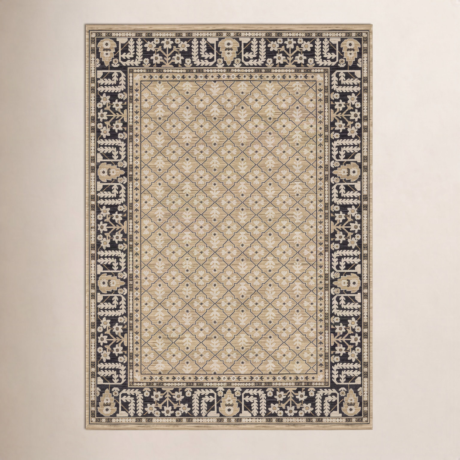 Abena Tan Charcoal Vintage Oriental Wool Rug, Rectangle 3'3" x 5'