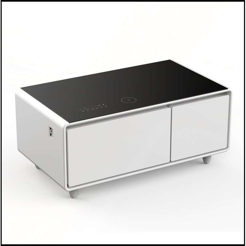 Table basse moderne et intelligente avec réfrigérateur intégré, haut-parleur Bluetooth, chargement sans fil et commande tactile pour une commodité ultime
