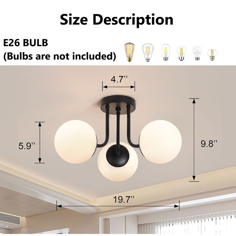 Matte Black 3-Light Semi Flush Mount Ceiling Fixture with Milk Glass Globes