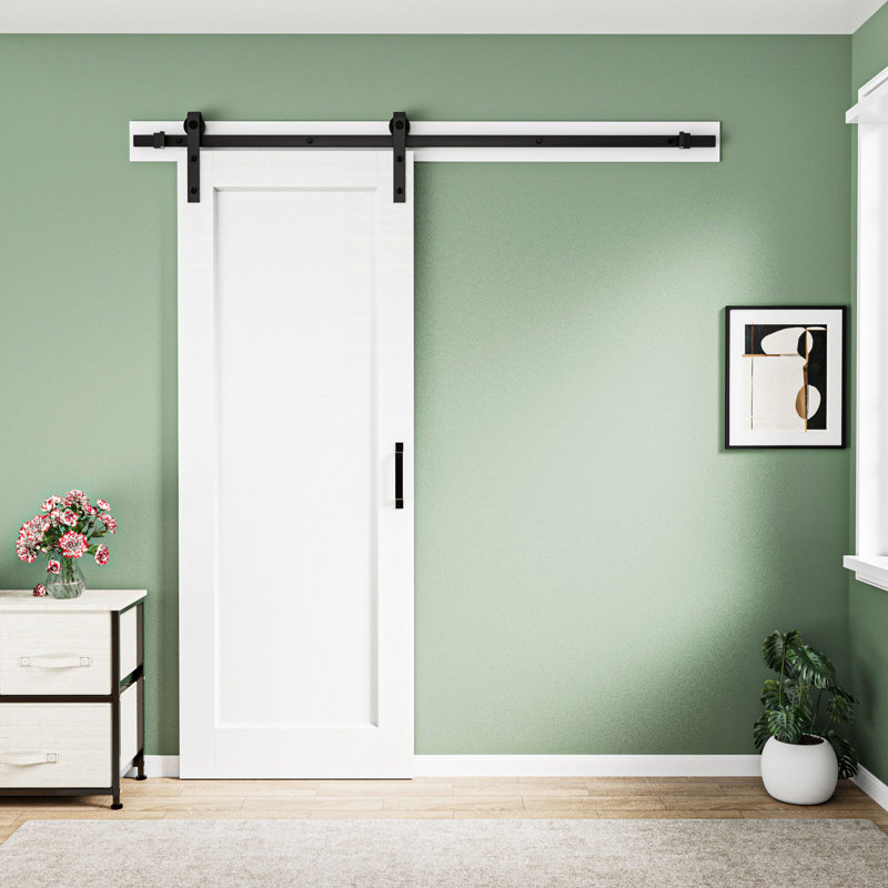 Porte de grange coulissante en bois manufacturé blanc avec apprêt blanc avec trousse de quincaillerie d'installation (aucun assemblage requis)