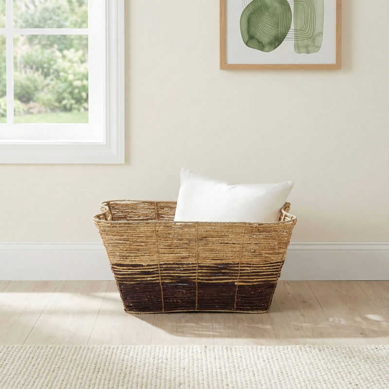 Ebony Seagrass Handmade Wide Woven Rectangular Color Block Storage Basket With Slot Handles