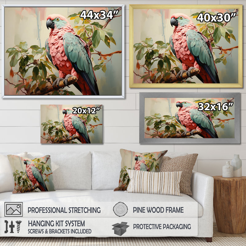 «Blue and Pink Parrot Paradise II», art mural perroquet, Cadre d'angle fermé noir, H 16 po x l 32 po x P 1 po