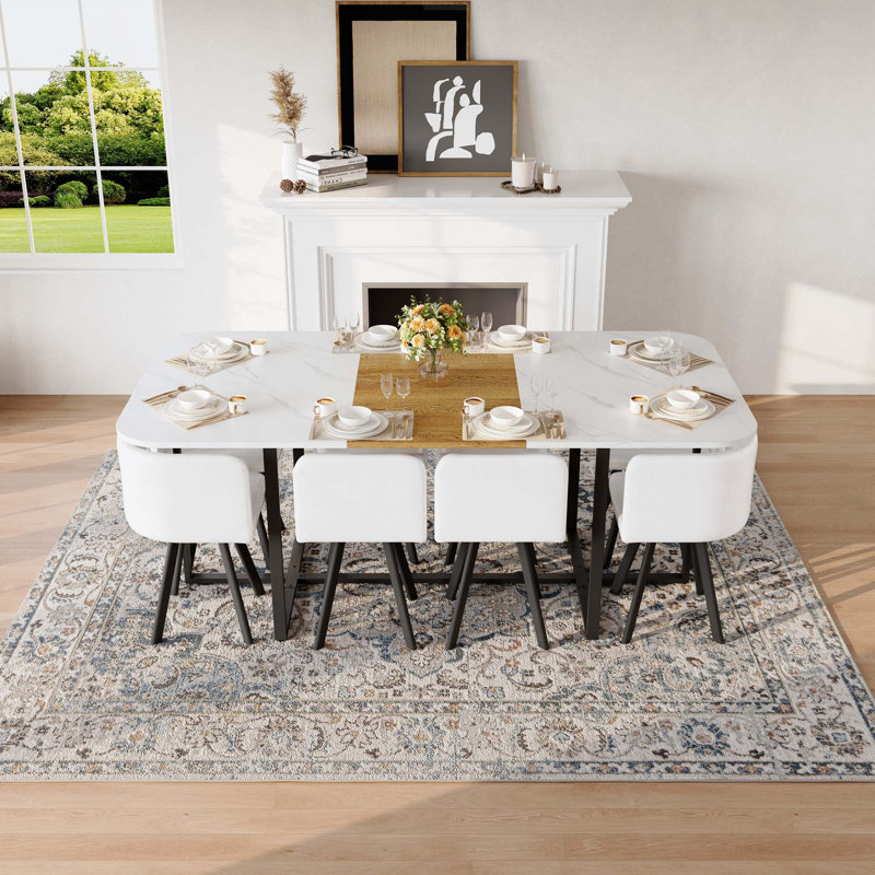 Ensemble de salle à manger 9 pièces avec table fixe et 8 chaises pour les repas de famille et les rassemblements, White
